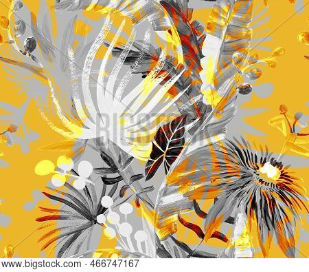 Monochrome Seamless Pattern With Tropical Flowers And Leaves Painted In Drybrush Gouache For Textile