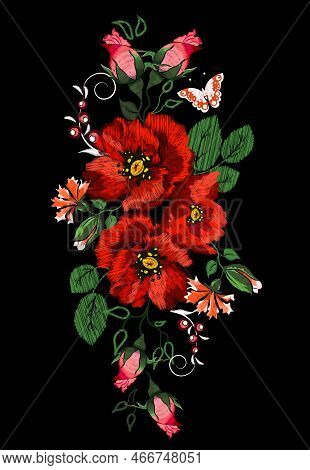 Poppy Embroidery, Butterfly, T-shirt Ornament, Vector Illustration