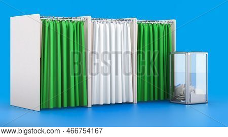 Voting Booths With Nigerian Flag And Ballot Box. Election In Nigeria, Concept. 3d Rendering Isolated