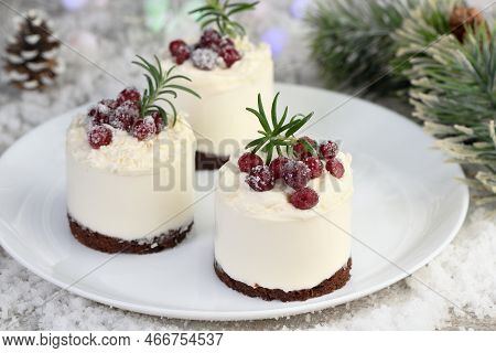 Mousse Cakes With Coconut Cream And Greek Yogurt Over Chocolate Cake Are The Perfect Dessert. Add Wh