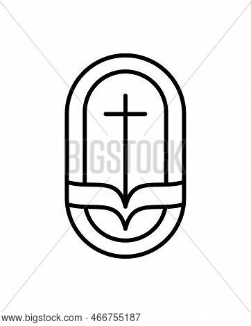 Religion Line Cross And Open Book Bible In Church. Vector Logo Icon Illustration Isolated. Jesus Chr