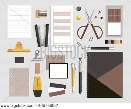 Office Items Set With Scissors And Pen Realistic Isolated Vector Illustration