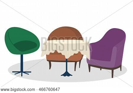 Three Armchairs And Single Leg Table For Meal. Place For Relax And Meal In Cafeteria, Homelike Inter