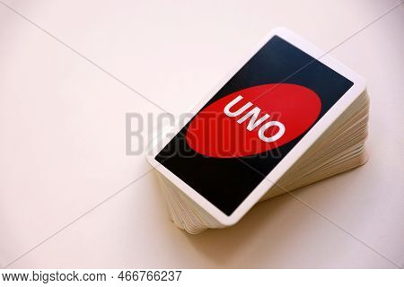 Ternopil, Ukraine - May 15, 2022: Many Colorful Uno Game Cards On White Background Close Up. Uno Is 