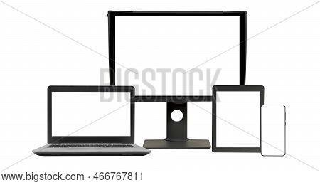 Display, Laptop, Tablet, Phone With Blank Screen. Realistic Set Of Monitor, Laptop, Tablet, Smartpho