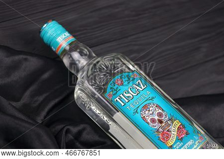 Kharkiv, Ukraine - November 3, 2021: Tiscaz Tequila Alcohol Bottle With Traditional Mexican Pattern 