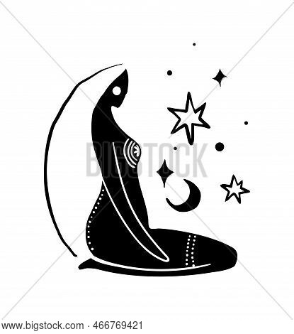 Modern Abstract Silhouette Of A Mystical Witch Woman, Boho Tattoo, Healing Meditation, Intuitive Tan