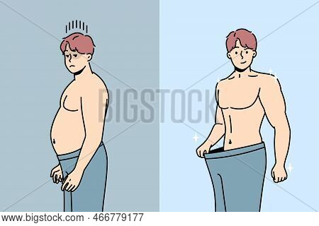 Man Lost Weight. Demonstration Of Result Of How Guy Slim Down After Dieting, Exercising In Gym. Boy 