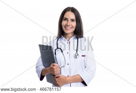 Nurse With Emedicine Laptop In Studio. Photo Of Nurse Hold Laptop For Emedicine Wear White Coat