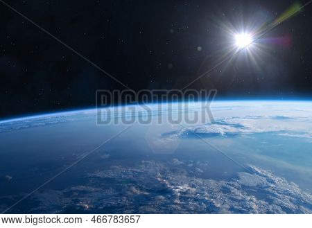 Earth, Sun And Space. Planet Earth With Sunrise And Nebula In The Space.  Earth Observations. Elemen