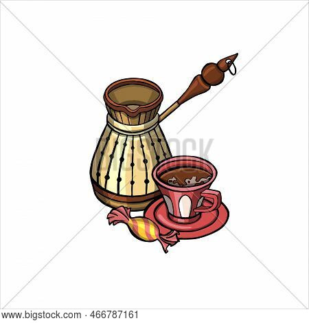 Coffee Maker And Cup Of Black Coffee With Candy Vector Illustration