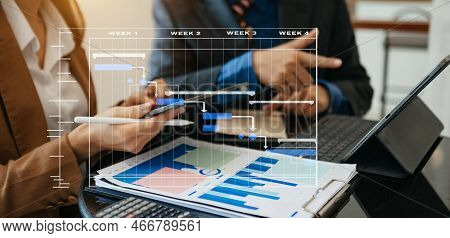 Project Manager Working And Update Tasks With Milestones Progress Planning And Gantt Chart Schedulin