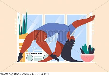 Dancer At High Heels Concept With People Scene In Flat Design. Woman In Beautiful Dress Dancing Mode