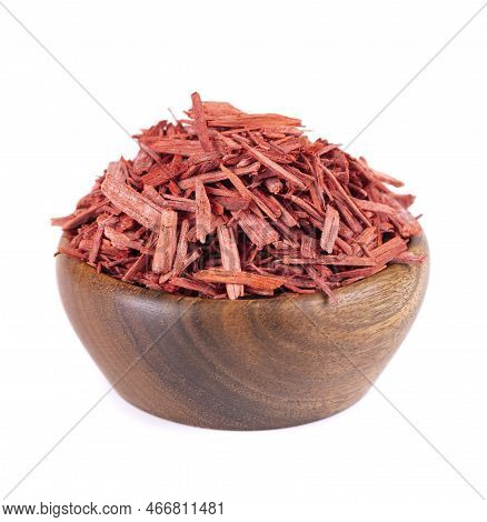 Red Sandalwood Incense Chips In Wooden Bowl, Isolated On White Background. Sanderswood, Rubywood Or 