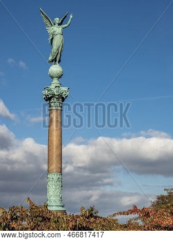 Copenhagen, Denmark - Oct 19, 2018: Ivar Huitfeldt Column With A Bronze Angel Sculpture. In Commemor