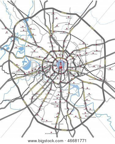 Moskva veje og metro stationer kort