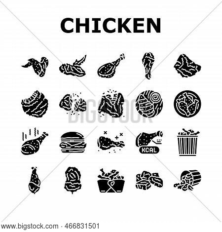 Chicken Crispy Food Meat Meal Icons Set Vector. Fast Delicious, Wing Fried, Snack Crunchy, Leg Cooke