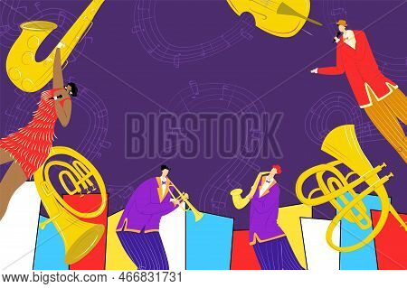 Jazz Festival With Saxophone Instrument, Jazz Singer And Saxophonist Playing Music Poster, Vector Il