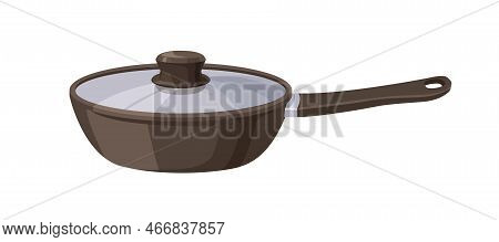Frying Pan With Handle And Glass Lid. Cast Iron Frypan For Cooking. Titanium Skillet Closed With Cov