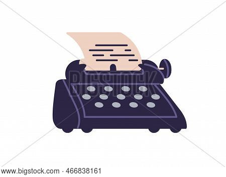 Typewriter With Paper. Old Vintage Writing Machine And Letter, Document. Retro Authors Equipment Wit