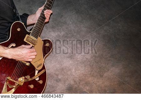 Vaduz, Liechtenstein, January 28, 2022 Artist Is Playing With A Gretsch Country Classic Electric Gui