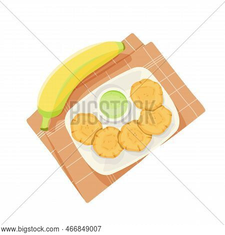 Top View Of Fried Bananas Tostones, Latin American Cuisine.