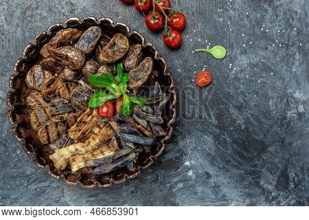Fried Potatoes, Baked Purple Sweet Potatoes. Banner, Menu, Recipe Place For Text, Top View.