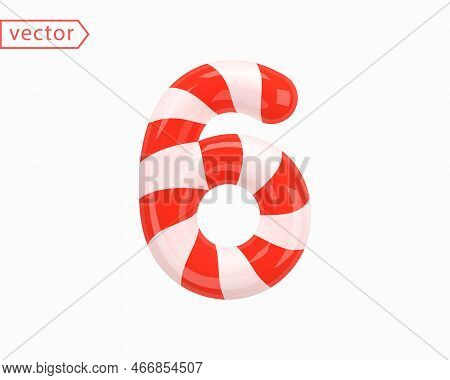 Number 6. Number Six Sign White Intertwined With Red Ribbon. 3d Numeral As Candy Cane In Cartoon Sty