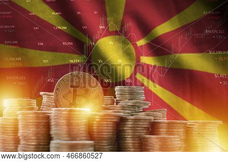 Macedonia Flag And Big Amount Of Golden Bitcoin Coins And Trading Platform Chart. Crypto Currency Co