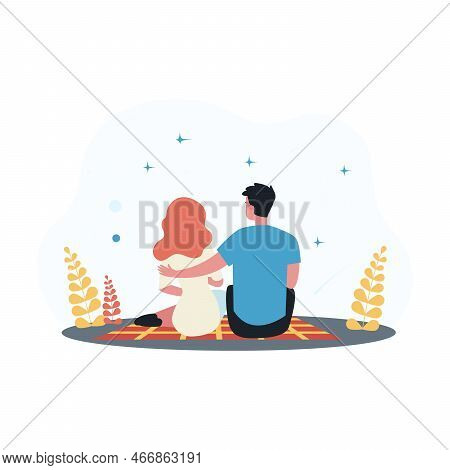 Happy Couple Looking At Starry Night Sky, Back View. Flat Vector Illustration. Romantic Date, Picnic