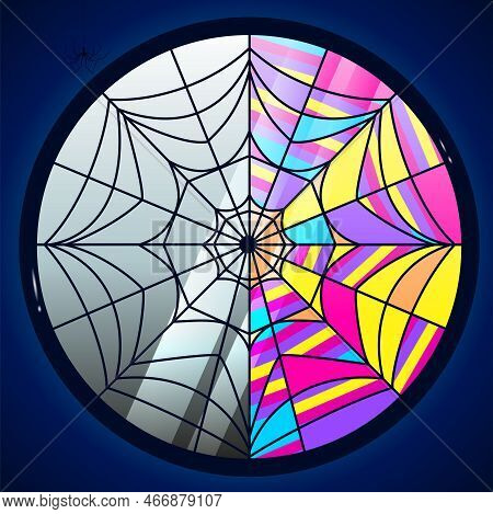 Stained Glass Window In The Form Of A Web With Divided Halves. The Concept Of Good And Evil. Gray An