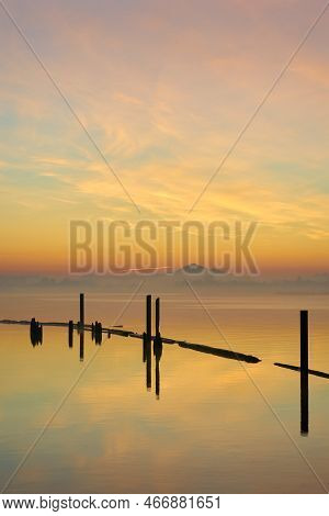 Mt Baker Fraser River Twilight Dawn. Dawn Light Over A Misty Fraser River.  Mt. Baker In The Backgro
