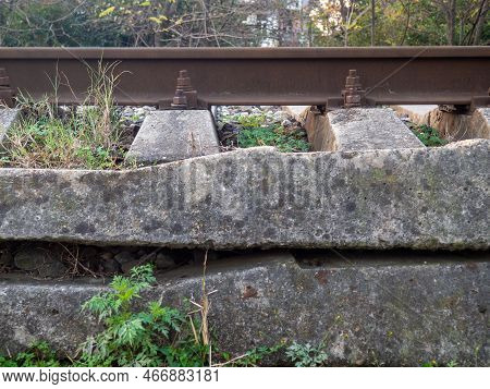 Concrete Sleepers. Railway And Forest Belt. Railway In The City. Crossing Over Paths