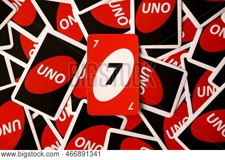 Ternopil, Ukraine - May 15, 2022: Many Colorful Uno Game Cards. Uno Is An American Shedding-type Car