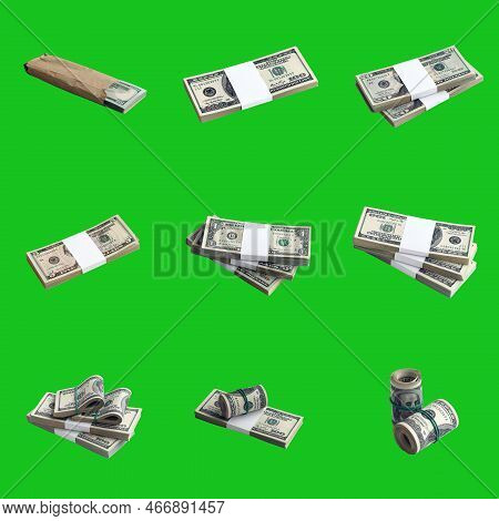 Big Set Of Bundles Of Us Dollar Bills Isolated On Chroma Key Green. Collage With Many Packs Of Ameri