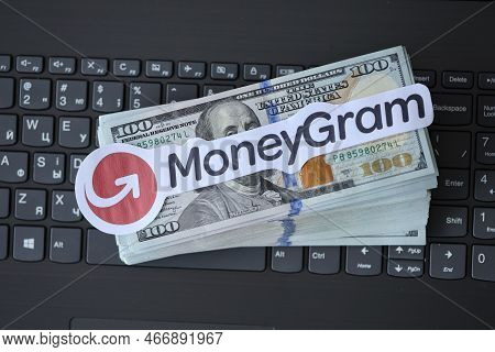 Ternopil, Ukraine - September 6, 2022 Moneygram Paper Logotype Lies On Black Laptop Keyboard With Us