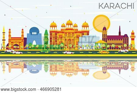 Karachi Skyline With Color Landmarks, Blue Sky And Reflections. Vector Illustration. Business Travel
