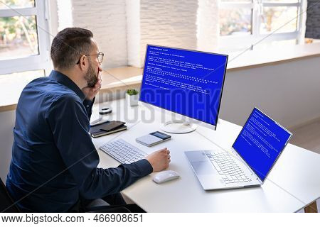 Blue Bsod Error At Computer. Malware Attack