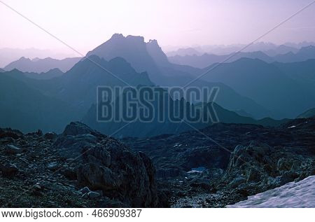 Natural Landscape With High Mountain Peaks Of The Rhaetikon In The Eastern Alps At The Luener Lake I