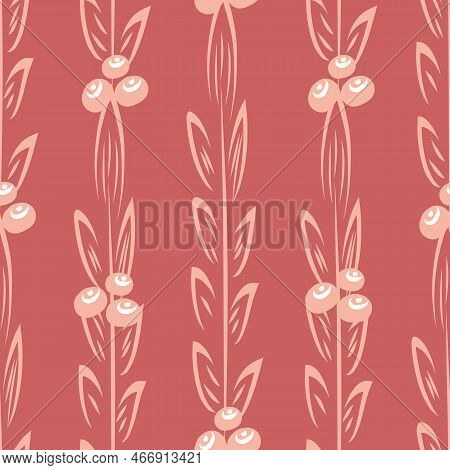 Berry And Leaf Seamless Vector Seamless Pattern Background. Hhand Drawn Line Art Style. Pink White B