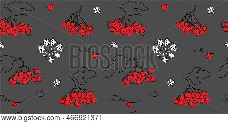 Red Viburnum Seamless Vector Pattern. Berries And Bloom. Ukrainian Berry From Song. One Continuous L