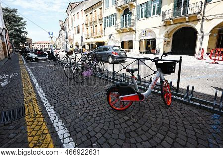 Padova, Italy- July, 05, 2022: Bicycle Parking In Street Of Padua, Veneto, Italy.