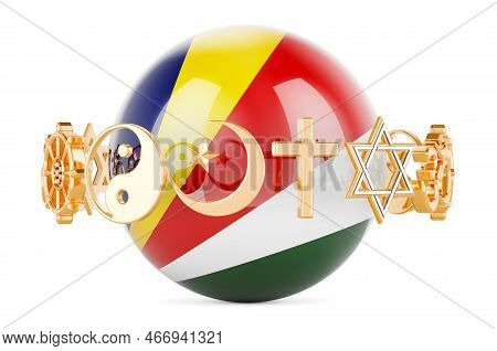 Seychelloise Flag Painted On Sphere With Religions Symbols Around, 3d Rendering Isolated On White Ba