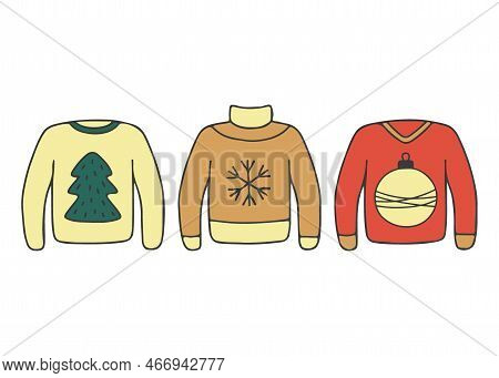 Ugly Christmas Sweaters With Winter Holidays Decoration, Color Doodle Set. Knitted Pullover, Jumper 