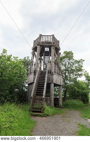 Wooden Observation Tower On Hill Heiligenstein In Eifel Mountains Near Gerolstein, Germany