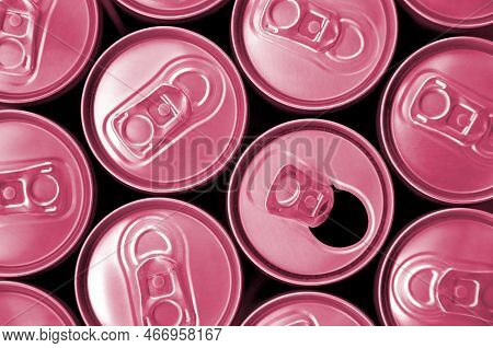 Many Cans Of Soda Soft Drink, Lemonade, Cola, Beer Or Energy Drink Containers. A Lot Of Recycled Can