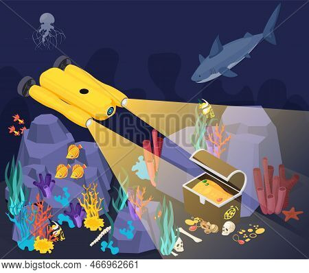 Underwater Vehicles Machines Isometric Composition Yellow Machine Found A Treasure At The Bottom Of 