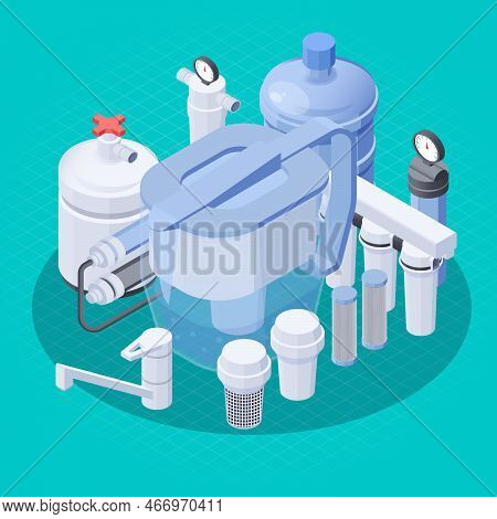 Modern Water Filtration System With Faucet Jug Bottle 3d Composition Isometric Vector Illustration