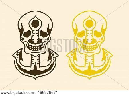 Vintage Art Illustration Design Of Anchor Stuck In The Skull