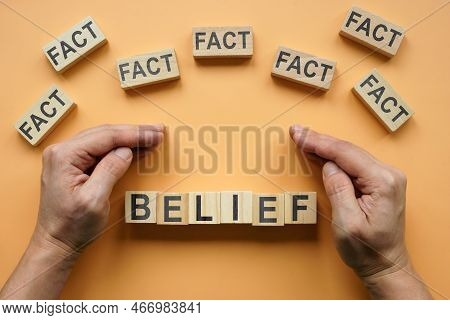 Hands Protect The Inscription Belief From The Blocks With The Inscription Fact. Bias Concept.